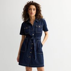 The Womens Draper James Short Sleeve Denim Shirt Dress blends casual comfort with polished style, perfect for any occasion.Click on this WOMEN'S GUIDE to find the perfect fit and more!FEATURES Self tie belt Shirtdress Denim 2 front chest pockets and 2 front patch pockets Button front Short sleeves Coordinating sash Collared necklineFIT & SIZING 36 1/2-in. length from shoulder to hem Mini length hits at the thighFABRIC & CARE 91% Cotton, 8% Polyester, 1% Spandex Imported Size: Large. Color: Dark Short Sleeve Denim Shirt, Polished Style, Draper James, Denim Shirt Dress, Tie Belt, Denim Shirt, Dark Blue, Dress Outfits, Shirt Dress