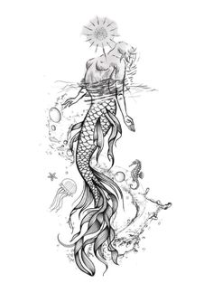 a drawing of a mermaid with long hair and sun above her head, floating in the water