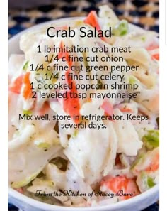 crab salad in a white bowl with instructions