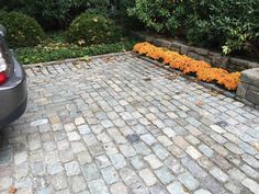 a car parked on the side of a brick road next to some bushes and trees