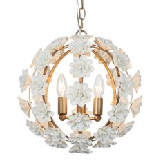 a white chandelier with flowers and candles hanging from it's center circle