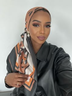 At Kaï Apparel we are widely known for our beautiful multi wear satin scarf collection. This satin scarfs is beautifully silky and soft. It is 90x90cm in size and perfect for a turban, hair wrap, headscarf, on your bag or over shoulders. The ideal multi wear for all occasions and seasons and finish to your outfit.  Its material is made with premium Satin and has a luxuriously smooth gloss which looks and feels elegant.  They are soft and easy to work with. All our Silky satin scarves come gift packed so you can treat someone special or better yet treat yourself!  For more beautiful prints and colours check out our large silky satin collection.  At Kaï Apparel we love our fashion and decided to bring out our own  line to go with our style. We are in love with the pieces and hope you will lo Turban Work Outfit, Head Silk Scarf Styles, Satin Scarf Styles, Christian Veil Outfit, Silk Head Scarf Outfit, Satin Headwrap Styles, Silk Hair Wrap Styles, Silk Scarf Styles Black Women, Outfits With Head Scarves