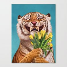 a painting of a tiger holding flowers with its mouth open