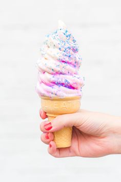 a hand holding an ice cream cone with sprinkles