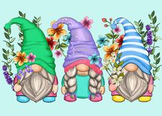 three gnomes sitting next to each other in front of flowers and leaves on a blue background