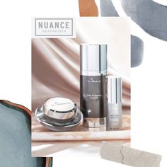 an advertisement for nuancece skin care products on a white background with gray and gold accents