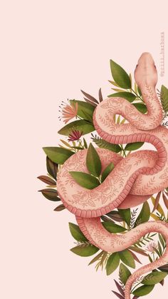 a pink snake with green leaves on it's back