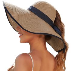 PRICES MAY VARY. Sun hats for women are simple, retro, and easy to create an elegant lady style. The interaction between people and straw hat bursts out new fashion concepts, while elegance simultaneously brings nobility to the extreme. Beach hats for women with ponytail design add richer and varied retro vision to ponytail straw hats for women, suitable for a variety of hairstyles, and the bow decoration of sun hat also blends a touch of refinement. Straw hats for women with 4 3/4" wide brim us Cheap Hats With Uv Protection And Short Brim, Affordable Blue Sun Hat With Uv Protection, Cheap Adjustable Straw Hat For Day Out, Wide Brim Floppy Sun Hat, Cheap Wide Brim Straw Hat For Summer, Cheap Bucket Hat For Travel, Luxury Beach Sun Hat For Kentucky Derby, Luxury Flat Brim Panama Hat For Garden Party, Cheap Travel Hats For Vacation