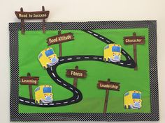 a bulletin board with school buses on it