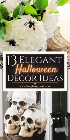 three halloween decor ideas with white flowers and skulls