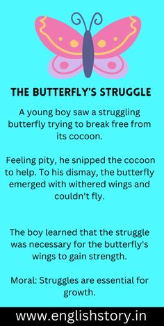 the butterfly's struggle poem is shown in blue and pink, with an image of a