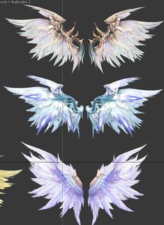 four different types of wings on a black background, each with different colors and shapes