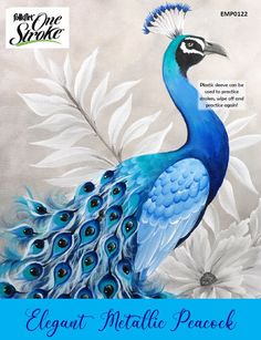 a painting of a blue peacock with feathers on it's tail and flowers in the background