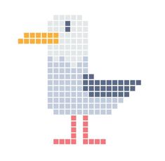 a pixellated image of a duck with an orange beak and blue eyes, standing in front of a white background