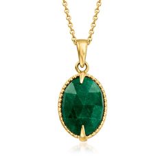 Ross-Simons - 5.00ct Emerald Pendant Necklace in 18kt Gold Over Sterling. 18". An RS exclusive. Acquire a classic look with this color-rich gemstone pendant necklace, featuring a verdant 5.00 carat oval emerald in polished 18kt yellow gold over sterling silver. Cable chain. Lobster clasp, emerald pendant necklace. Emerald birthstones are the perfect gift for May birthdays. Classic Yellow Gold Emerald Necklace For May Birthstone, Classic Green Emerald Necklace With Bezel Setting, Classic Yellow Gold Emerald Necklace With Oval Pendant, Classic Emerald Necklace For May Birthstone, Classic Emerald Oval Pendant Necklace, Classic Oval Pendant Emerald Necklace, Classic Oval Emerald Necklace In Yellow Gold, Classic Yellow Gold Oval Emerald Necklace, Classic Green Gemstone Necklace