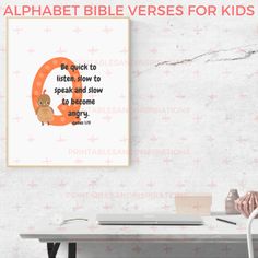 the alphabet bible verses for kids with an owl on it's initial letter