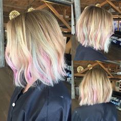 Ice pink & blue with balayage highlights Blond With Color Peekaboo, Blonde Hair Pastel Highlights, Pastel Highlights In Blonde Hair, Pastel Hair Colors With Blonde, Balayage Highlights Short Hair, Curly Blue Hair, Short Hair Highlights, Peekaboo Hair