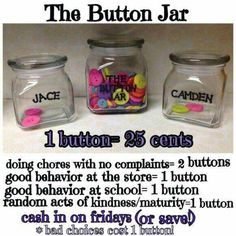 three jars with buttons in them sitting next to each other on a counter top, labeled the button jar