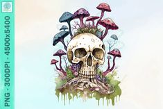 a drawing of a skull with mushrooms on it's head and watercolor paint