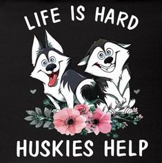 two husky dogs with flowers and the words, life is hard huskies help