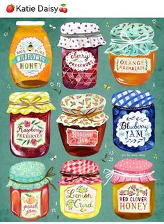 a painting of jam jars with labels on them