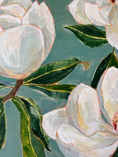 a painting of white flowers with green leaves on a blue background, painted in acrylic paint