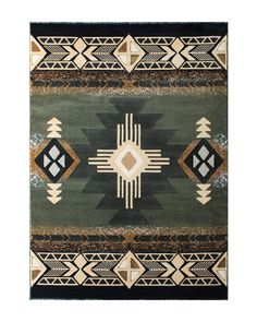 an area rug with geometric designs on the front and back, in various shades of green