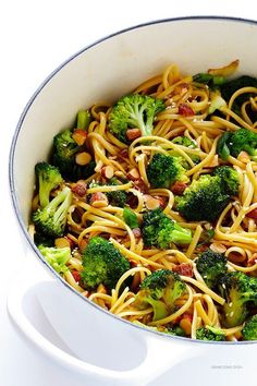 broccoli, bacon and noodles in a pan