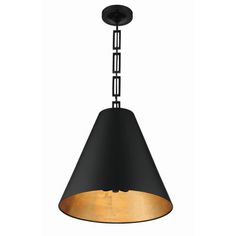 a black and gold pendant light with chain hanging from the ceiling, on an isolated white background