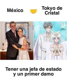 two people standing next to each other in front of pictures and text that reads mexico, tokyo de cristai