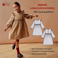 Exclusive patterns from the author of Tiana's Closet Sewing Patterns. Visit my blog for more ideas, sewing tips and free patterns: https://tianascloset.com/ The Momo ruffle shoulder long sleeve dress is a beautiful design that is suitable for special occasions - birthdays, weddings, parties. Make your little one be the center of attention with your handmade dress! Main features of the design: - Long sleeves with ruffle detail at shoulder - Relaxed fit - High waist with ruffles skirt - Flared ski Long Sleeve Dress Pattern, Long Sleeve Smock Dress, Printable Sewing Patterns, Pattern Sewing, Sewing Pattern Sizes, Dress Sewing Pattern, Handmade Dresses, Sewing For Kids