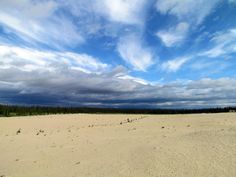 the sky is filled with clouds and some trees in the distance, as well as footprints on the sand