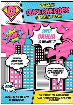 an advertisement for the superheros event in pink, blue and yellow with black lettering