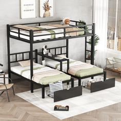 a bunk bed with two sets of mattresses on the bottom and one set below