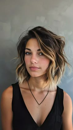 23 Long Layered Bob Hairstyles for Every Face Shape Long Bob Naturally Wavy Hair, Brunette Bob With Money Piece, Dark Brown Lob With Money Piece, Dark Hair Money Piece Bob, Long Bob Balayage Brunette Money Piece, Bob Balayage Brunette, Long Bob Layers, Long Layered Bob Hairstyles, Blonde Hair Transformations