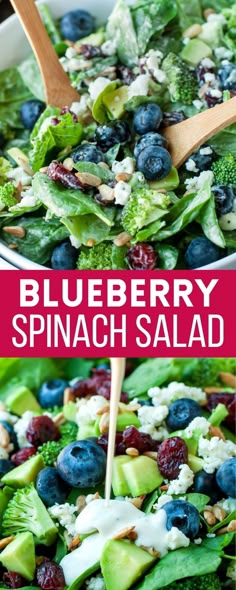 this blueberry spinach salad is loaded with broccoli, cranberries, avocado and feta cheese