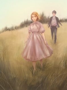 a painting of two people in a field with tall grass and one woman wearing a pink dress