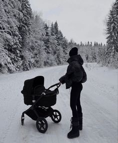 a person pushing a stroller on a snowy road with trees in the back ground