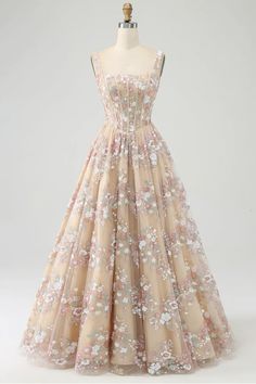 #Champagne #Corset #PromDress #Flowers Grad Dress Ideas, Cotillion Dresses, Corset Prom Dress, Neck Corset, Embroidered Wedding Dress, Lovely Partner, One Shoulder Bridesmaid Dresses, Prom Dress Inspo, Dress With Embroidery