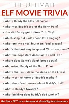 the ultimate movie trivia is shown in red and white with text that reads, what's buddys at the north pole?