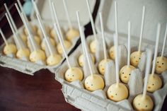 there are many cake pops in the carton with toothpicks sticking out of them