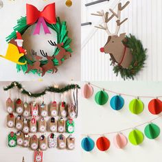 christmas decorations are hanging on the wall next to a wreath and other holiday decoration items