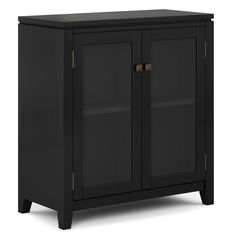 a black cabinet with two doors and shelves