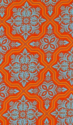 an orange background with blue and red designs