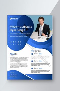 a blue and white business flyer template with an image of a man sitting at a desk