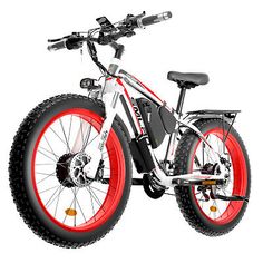 an electric bike with red rims on the front and back wheels, parked against a white background