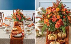 two pictures of a table setting with pumpkins, flowers and other decorations on it