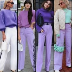 Outfit With Purple Pants, Purple Pant Outfits, How To Style Purple Pants, Violet Pants Outfit, Purple Combination Outfits, Violet Outfit Ideas, Purple Trousers Outfit