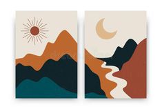 two paintings with mountains and the sun above them