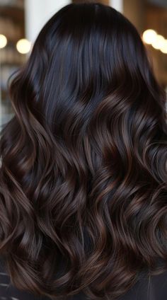 Dark Hair With Dark Balayage, Fall Hair Color For Black Hair Balayage, Dark Long Hair Styles, Brunette Balayage Hair Black, Dark Brown On Black Hair, Fall Brunette Hair Color Dark, Espresso Balayage Dark Brown, Balayage For Dark Black Hair, Fall Dark Hair Ideas